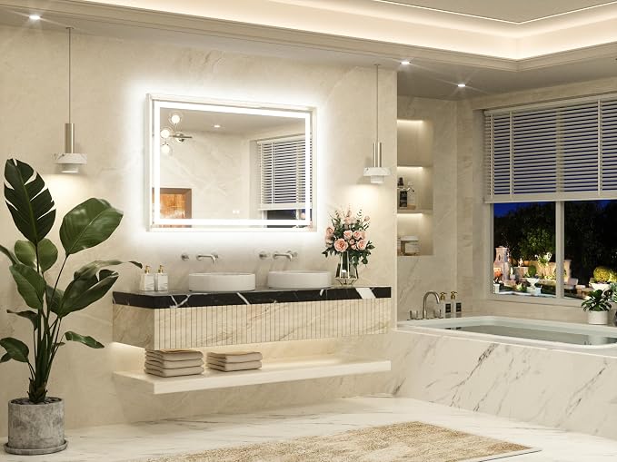 48 x 32 Bathroom LED Mirror Silver Metal Frame Frontlit & Backlit Vanity Mirror Stepless Dimmable Anti-Fog 3 Colors White/Warm/Natural Light up Vanity Mirror
