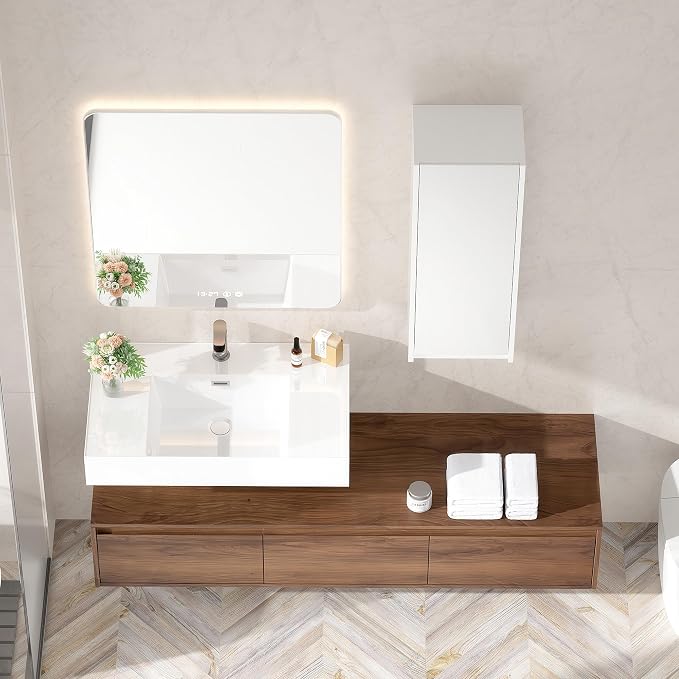 60 Inch Floating Bathroom Vanity with Single Sink, Modern Wall-Mounted Bathroom Cabinet with Resin Sink & Soft Close Drawers & Side Cabinet, Split-Level Layout (Walnut, 60"+1 Side Cabinet)