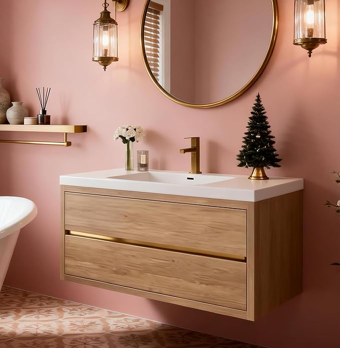 Modern 48" Wall-Mounted Bathroom Vanity with Sink | Floating Storage Cabinet, Stone Resin Countertop, Soft Close Drawers | Natural Oak