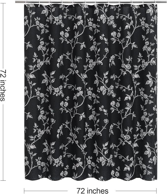 MitoVilla Black White Cotton Floral Shower Curtain for Bathroom, 72 x 72 | Black White BoHo Cottagecore Spring Shower Curtains, Modern Farmhouse Country Plant Leaves Bathroom Décor, 72 x 72