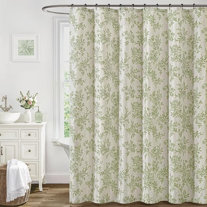 Spring Extra Long Linen Green Floral Shower Curtain W72*L84 Inches | Linen Textured Fabric, 12 Rustproof Metal Hooks, Wrinkle Resistant Cloth, Machine Washable, Bathroom Decor for Cottage Core