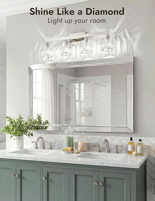 VOLISUN Crystal Vanity Lights for Bathroom, 4 Light Bathroom Vanity Light, Modern Stainless Steel Bathrooms Lights Over Mirror, Chrome Bathrooms Lights Fixtures-UL Certificated(Exclude Bulb)