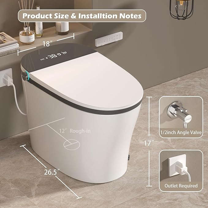 WinZo Smart Toilet with Bidet Built in, ADA One-Piece Toilet Auto Open/Close & Flush, Heated Seat, Front & Rear Wash, LED Display, Night Light, 12-inch Rough-in (Grey)