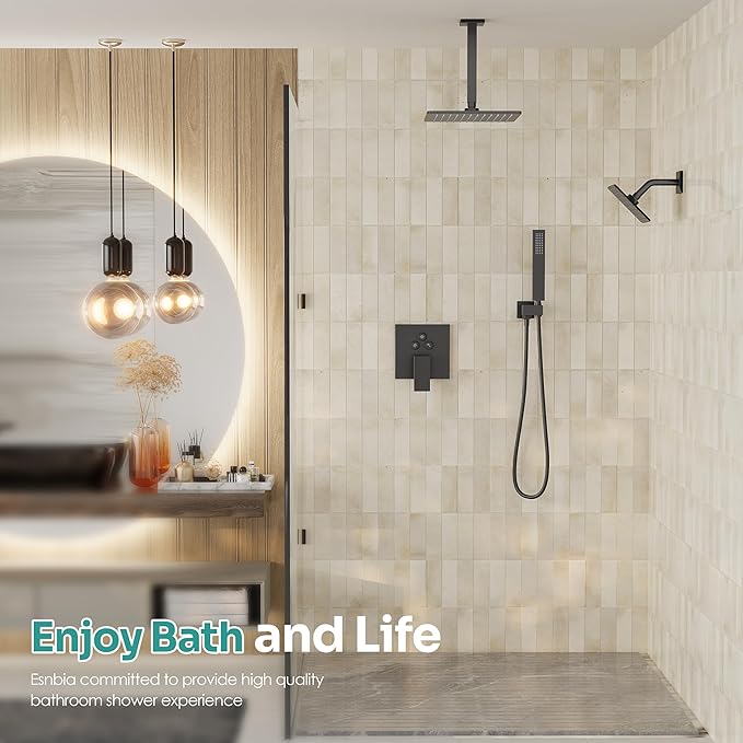 Black Shower System, Matte Black Shower Faucet Set with 3 In 1 Push Button Shower Diverter Valve, 10'' Ceiling Shower Head and 6'' Wall Mounted Shower Head, Black Rain Shower Head with Handheld Spray