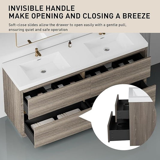72 Inch Bathroom Vanity with Sink, Double Sink Bathroom Vanity, Freestanding Vanity Bathroom Soft Closed 4 Drawers, Integrated Sink (Ash Grey)
