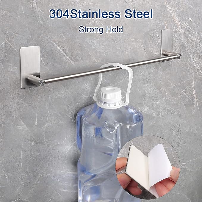 NearMoon Self Adhesive Bathroom Towel Bar- Stainless Steel Bath Wall Shelf Rack Hanging Towel Stick On Sticky Hanger Contemporary Style, NO Drilling (2 Pack, Brushed Nickel, 12-Inch Towel Rack)