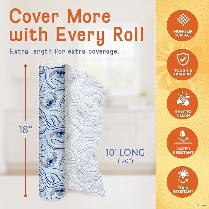 Disney Stitch Non-Adhesive Shelf Liner, 18" x10', Non-Slip | Water and stain resistant, repositions without damage, cuts to fit, wipes clean, ideal for kitchen, pantry, fridge, or bath