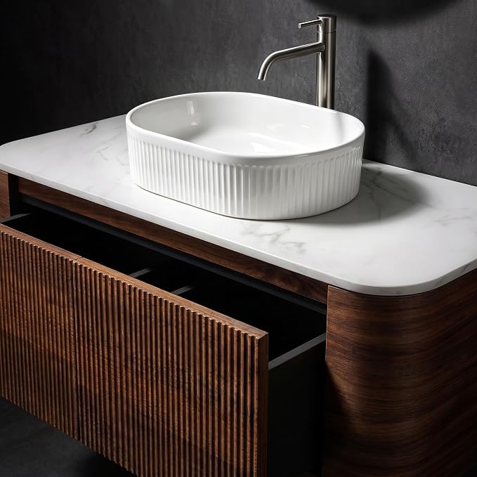 48" Preassembled Floating Bathroom Vanity with White Sink, Walnut | Mid-Century Modern Style, Fluted & Soft-Close Drawer with U-shaped Wall, Sinterted Stone Countertop, Towel Rack Included