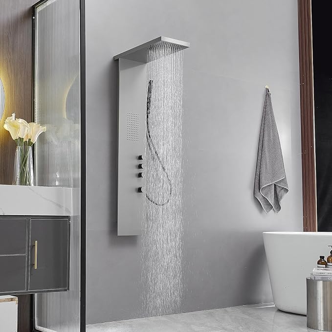 Shower Panel Tower System, Brushed Nickel | Stainless Steel, Multifunction Shower Tower System, Bathroom Rainfall Shower Head Hand Shower and Large Area Body Spray