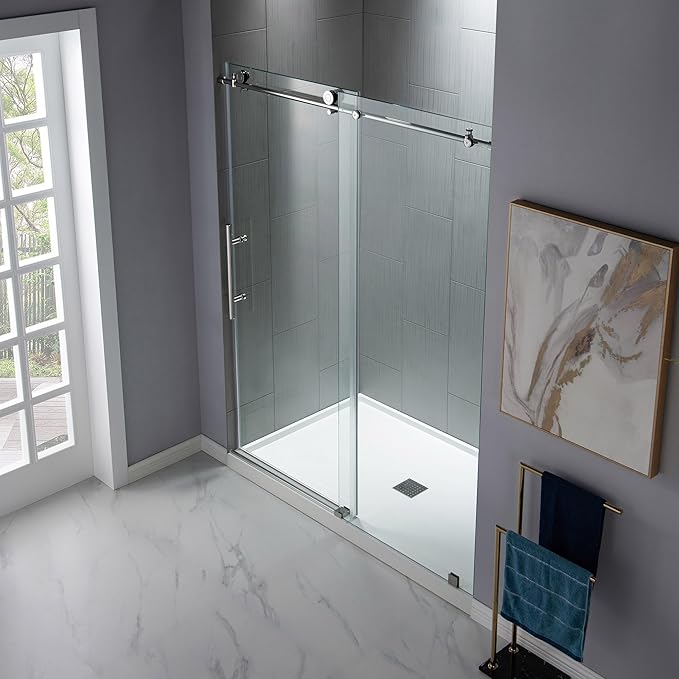 WOODBRIDGE Frameless Sliding Shower Door,44"-48" Width, 76" Height, 3/8" (10 mm) Clear Tempered Glass, Finish, Designed for Smooth Door Closing. Chrome