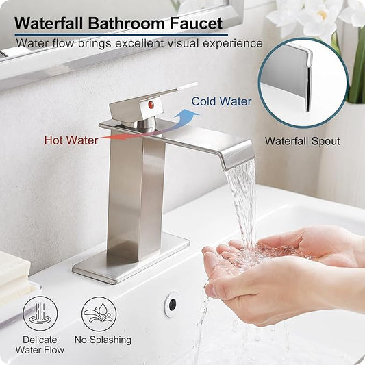 Brass Brushed Nickel Waterfall Faucet, Single Handle Bathroom Faucet, 4 Inch - 1 or 3 Hole with Deck Plate & Pop-Up Drain