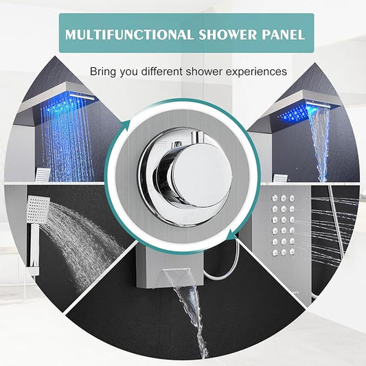 Rainfall LED Shower Panel - 5 in 1 Full Body Shower Tower System | Stainless Steel Shower Column with Waterfall Shower Head, Powerful Body Jets, Handheld and Tub Spout, Brushed Finish