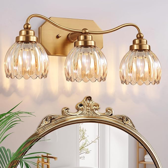 Vintage Bathroom Light Fixtures, 3 Light Gold Bathroom Vanity Light, Matte Antique Brass Finish with Amber Crystal Glass Shade, Wall Sconces Lighting for Bedroom, Living Room(Amber-colored Glass)