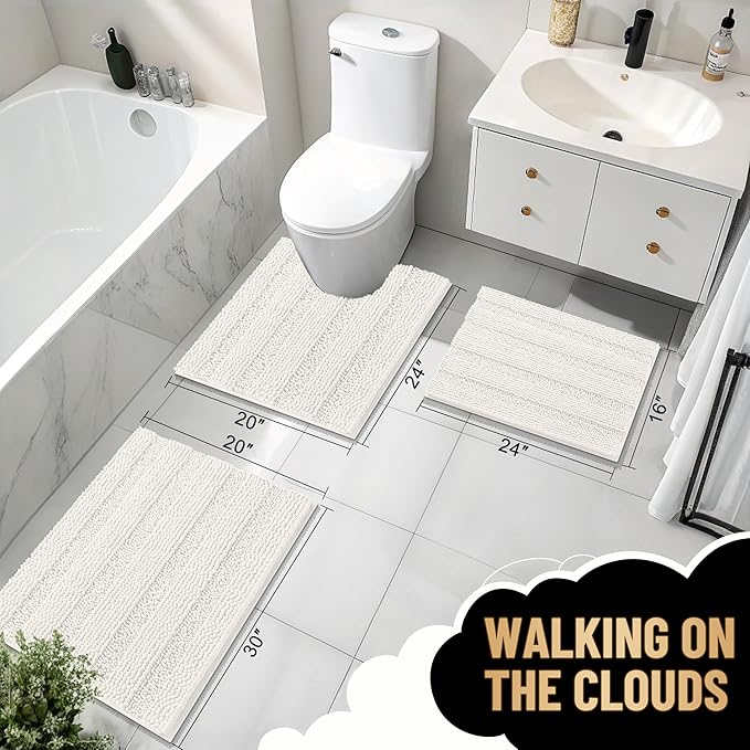 OLANLY Thick Bathroom Runner Rugs 59x24, Chenille Long Bath Rugs, Ivory | Soft Absorbent Striped, Rubber Backing, Machine Wash, Bath Mats for Bathroom Floor, Tub and Shower, Home Decor Accessories