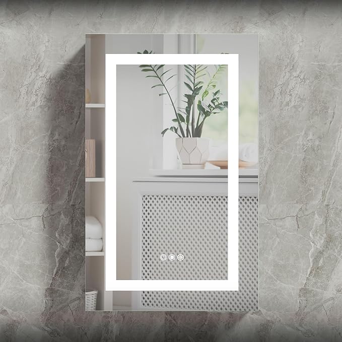 20x32 Bathroom Mirror LED Medicine Cabinet with Lighted 3 Colors, Recessed Surface Wall Mounted LED Medicine Cabinet, Anti-Fog Tempered LED Mirror with Storage, Stepless Dimming, 2 Outlets