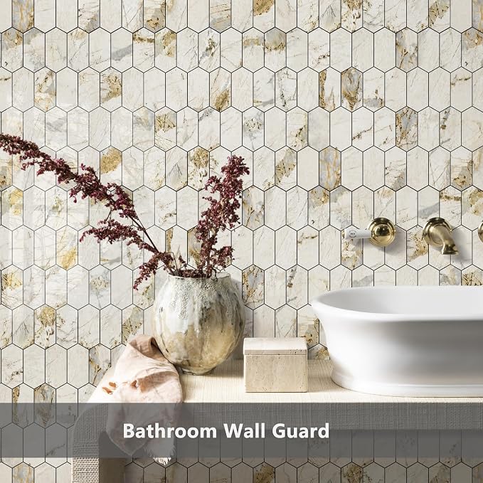Vamos Tile Long Hexagon Peel and Stick Backsplash Tile - 10 Sheets Stick on Backsplash for Kitchen and Bathroom 12.4 x 12 Inch Glossy Pandora Marble with Gold Veining PVC Self Adhesive Wall Tiles