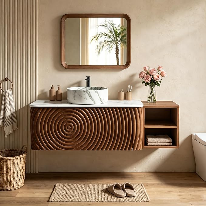 48" Floating Bathroom Vanity with Sink, Mid-Century Wall Mounted Bathroom Vanity Cabinet with Wood Waved Decor,Marble Ceramic Basin and Sintered Stone Top, Soft Close Drawer, Side Open Cube