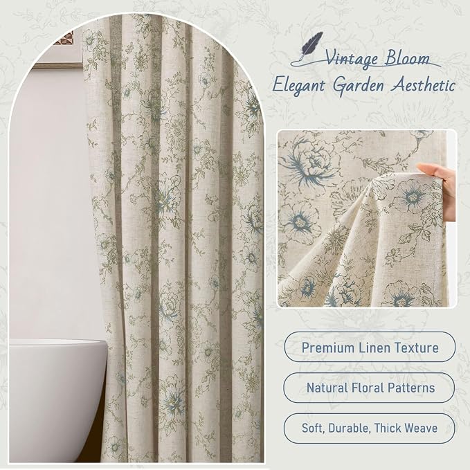 Farmhouse Floral Linen Shower Curtain, Vintage Blue and Brown Pattern Rustic Shower Curtains for Bathroom,72x72