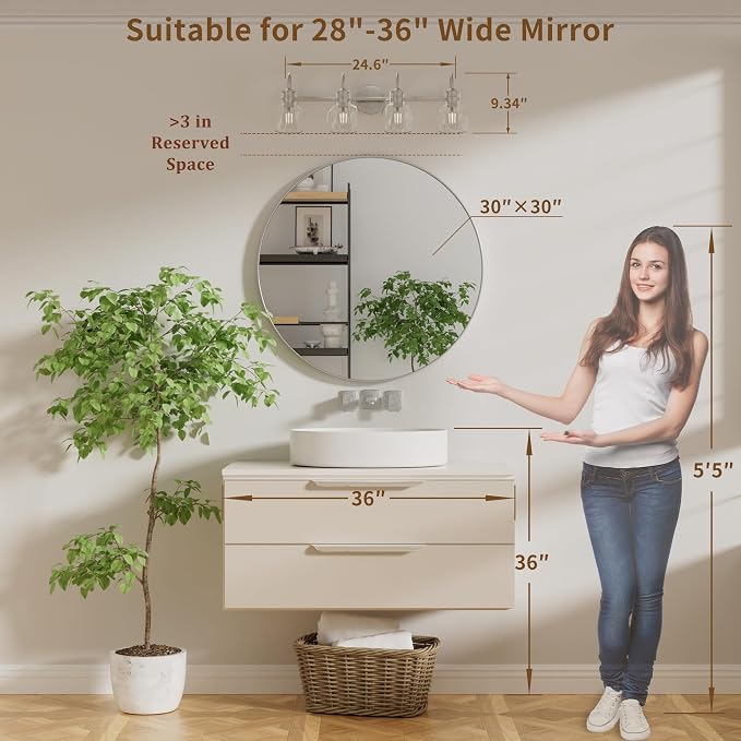 4 Lights Bathroom Vanity Light Fixtures Over Mirror Modern Nickel | 24in Wall Sconce,Brushed Nickel,Globe Glass Shade,E26 Base,UL Certified,Anti-Rust,Damp Rated,Bathroom Bedroom Living Room