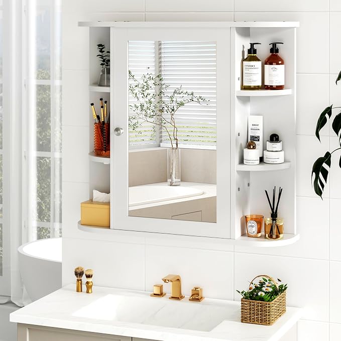 DL-win Bathroom Medicine Cabinet with Mirror, Wall Mounted Home Storage with Door, Over The Toilet Space Saver Storage Cabinet, Bathroom Cabinet Wall Mounted, White