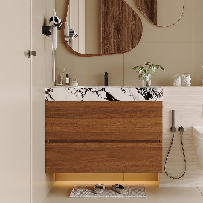 KEIKI 29.9" Bathroom Vanity with Undermount Sink Combo, Modern Floating Vanity Cabinet with 2 Drawers, Storage Wall Mounted Cabinet for Small Space, Walnut Marbe