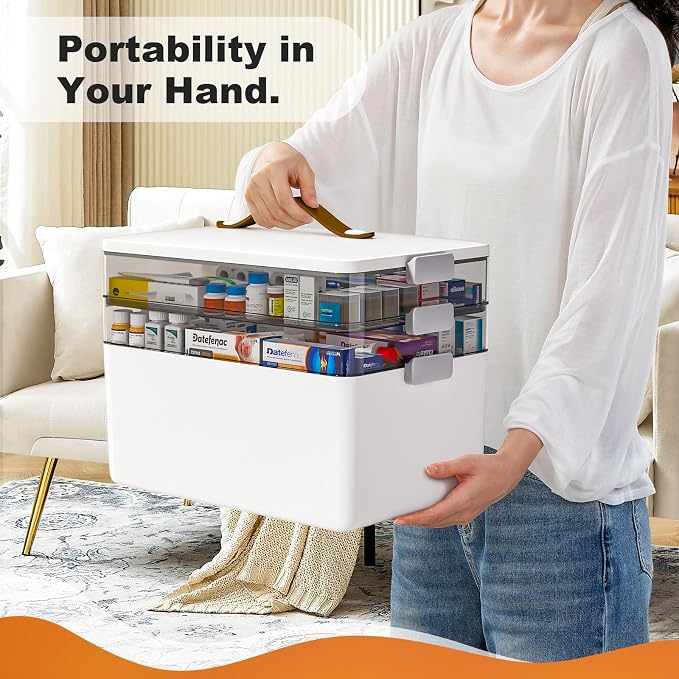 MOPUP 3-Tier Medicine Craft,Sewing,Art,Organizer Storage,Portable Latch Bin with Lid and Leather Handle,Pill Bottle, First Aid, A Household Essential