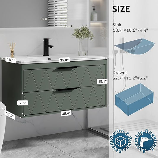 eclife 36" Bathroom Vanities Cabinet with Sink Combo, Wall Mounted Floating Cabinet W/Decor Line, Soft-Close System, 2 Extra Big Drawers, Matte Black Faucet, Gray Green