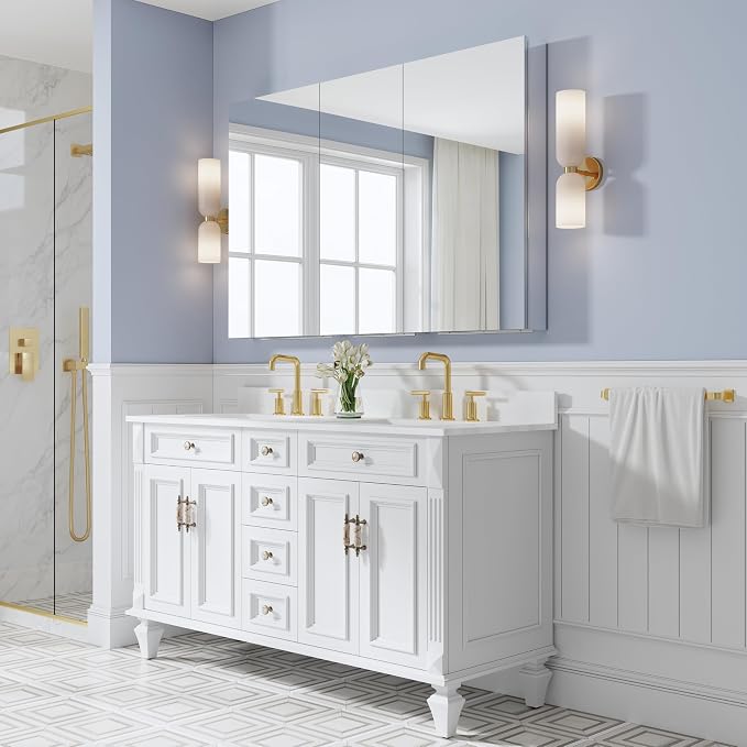 56" x 36" Bathroom Medicine Cabinet with Mirror, Anodized Chrome Aluminum Frame, Surface Mount or Recessed Medicine Cabinet with Mirror, Bathroom Mirror with Storage, Three Doors