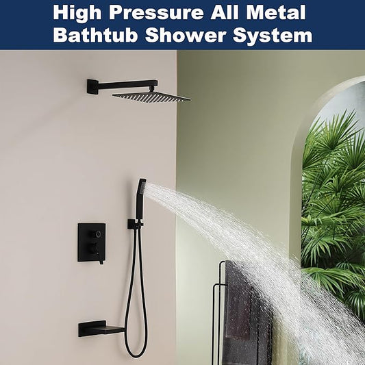 Shower System with Tub Spout, All Metal Black Bathtub Shower Faucet Set with High Pressure 10 Inch Rain Shower Head and Handheld Shower Head Set, Matte Black (Valve Include)