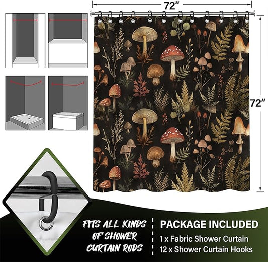 Vintage Dark Mushroom Shower Curtain 72x72 Inch,Forest Botanical Plant Waterproof Polyester Bath Curtain with Retro Nature Mushroom Pattern,Cottagecore Bathroom Decor