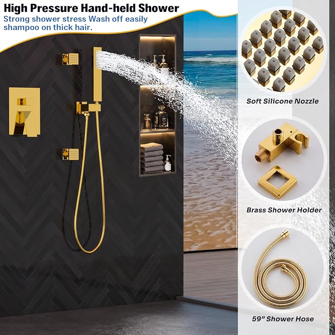 ENGA Bright Gold Shower System with Body Jets, 2 In 1 Functions Ceiling Mount 14x20inch LED Shower Head with 4 Body Jets, Rainfall Waterfall Shower Faucet Set