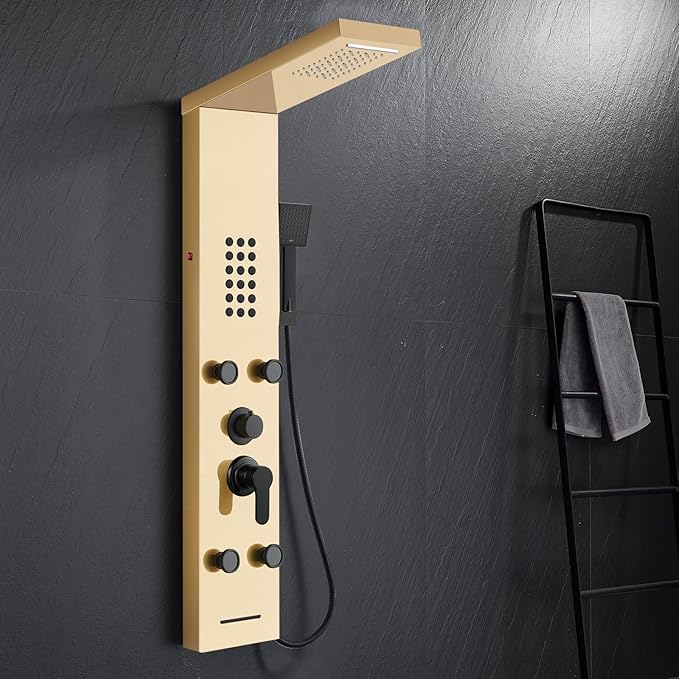 POPFLY Brushed Gold Shower Panel, LED Rainfall & Waterfall-PF60911624-G1