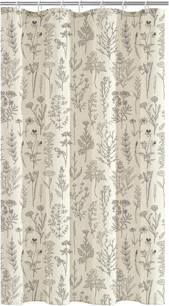 Coxila Linen Shower Curtain Stall Small Spring Farmhouse Floral Vintage Beige Neutral Half Narrow Single Walk in Stand up Heavy Duty Textured Toile Bathroom 36x72 Inch Polyester Fabric 7 Pack Hooks