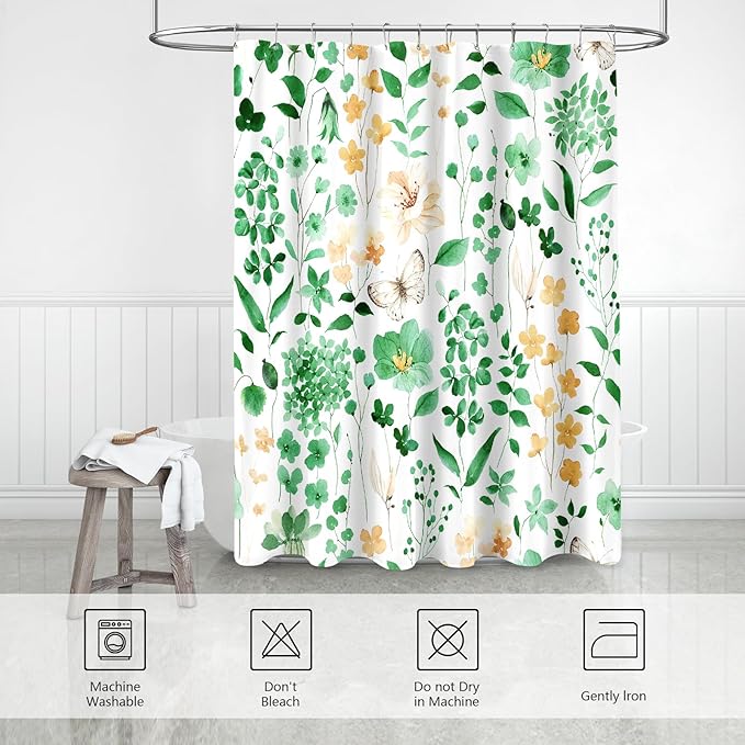 Emerald Green Floral Shower Curtain, Cute Flower Fabric Shower Curtains for Bathroom, Watercolor Wildflower Butterfly Cloth Shower Curtain Set with Hooks, 72x72