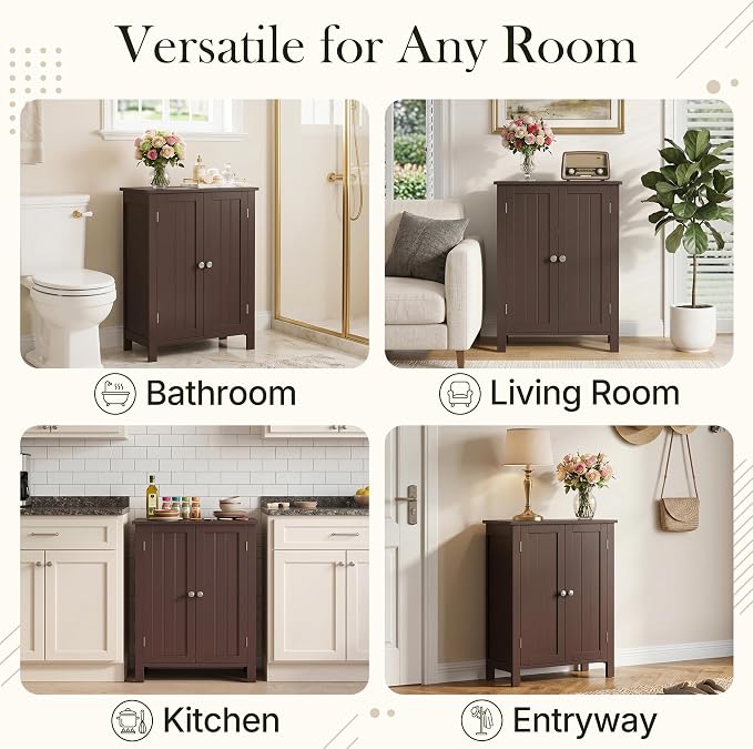 ZENY Bathroom Floor Storage Cabinet with Double Door + Adjustable Shelf, Wooden Organizer Cabinet for Living Room, Bathroom, Bedroom, Modern Home Furniture (Brown)