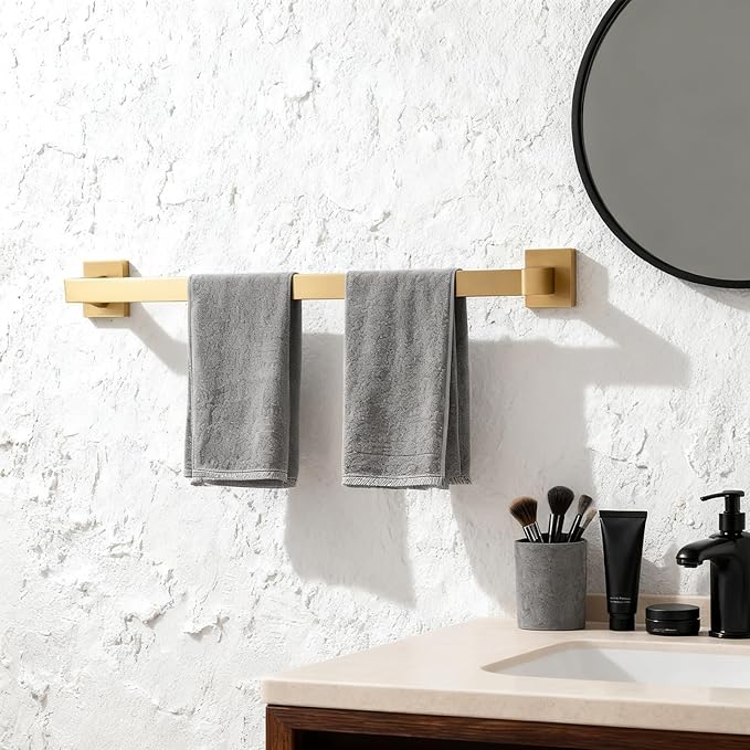 23.6 Inch Brushed Gold Bathroom Towel Bar Set, 2-Piece Square Wall Mounted Towel Rack, Wall Mounted 304 Stainless Steel Towel Holder for Bathroom