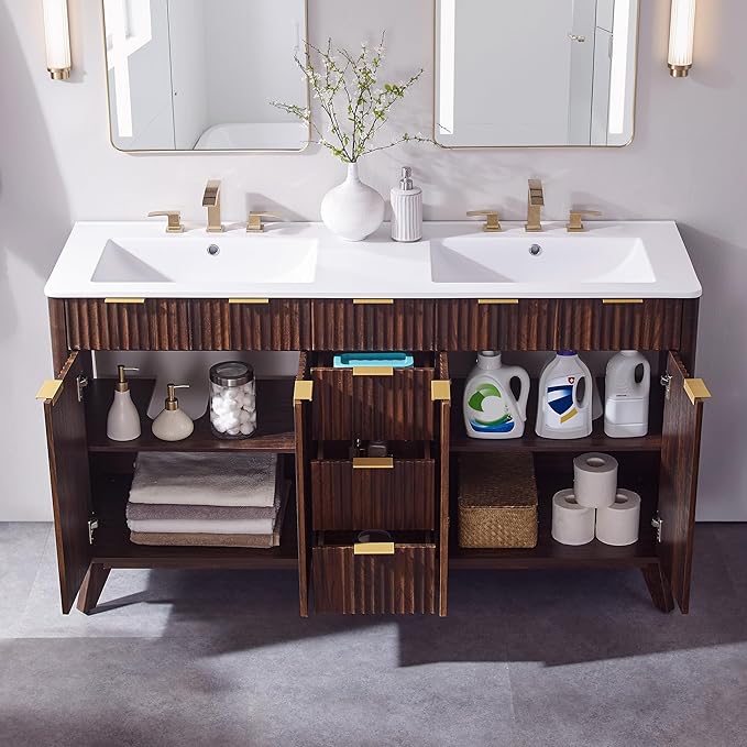 T4TREAM 60" Fluted Bathroom Vanity with Resin Sink Combo,Freestanding Modern Bathroom Storage Vanity Cabinet with Soft Closing Doors & 3 Drawers,Wood Grain Texture,Metal Handle,Dark Walnut