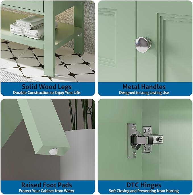 eclife 36" Bathroom Vanity with Sink Combo, Modern Painted Vanities Cabinet w/Wide Opening Storage Shelf, 2 Drawers, Soft Closing Doors and Undermount White Sink Faucet Drain, Green
