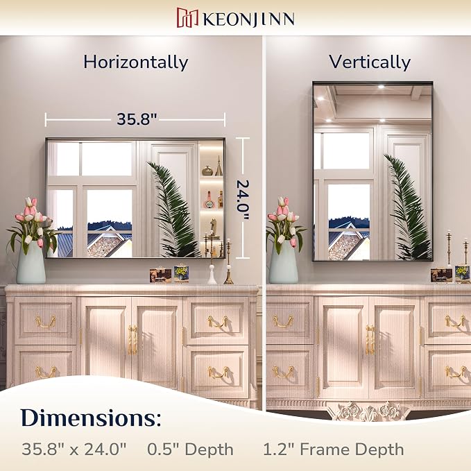 Keonjinn 24x36 Inch Black Bathroom Mirror for Over Sink, Modern Farmhouse | HD Tempered Glass, Vanity Mirror, Brushed Framed, Square Corner, Rectangular, Wall Mounted Mirrors, Aluminum Alloy