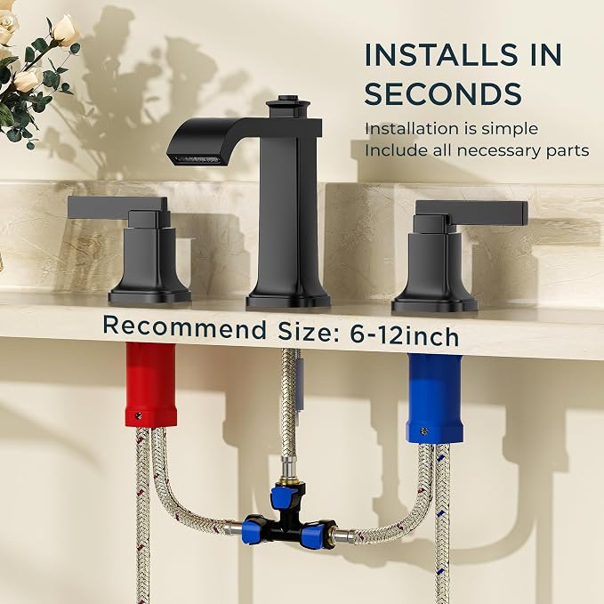 FORIOUS Bathroom Faucet 3 Hole Widespread Sink Faucets Matte Black | 3-hole 4-12 Inch Widespread Sink, Square Waterfall Spout, with Drain and Hoses,for Vanity Rv Commercial Lavatory Restroom