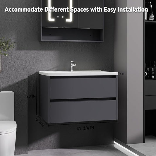 Dark Gray Floating Bathroom Vanity with Sink, 31x18 Inch Wall Mounted Bathroom Cabinet with 2 Drawers, Modern Single Sink Vanity for Small Bathroom, Space-Saving Storage Cabinet