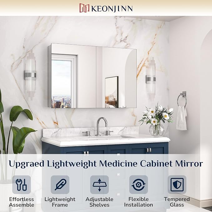 Keonjinn 36 x 24 Inch Bathroom Mirrored Medicine Cabinet, HD Tempered Glass | Lightweight Aluminum Structure, Freely Adjustable Shelves, Combined Assembly Needed, Wall Mount/Recessed Mirror with Storage