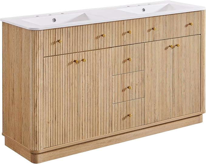 T4TREAM 60 Inch Bathroom Vanity with Sink, Modern Fluted Large Double Sink Bathroom Vanity with 2 Storage Cabinets, Adjustable Shelf, and 3 Small Drawers, Natural Oak