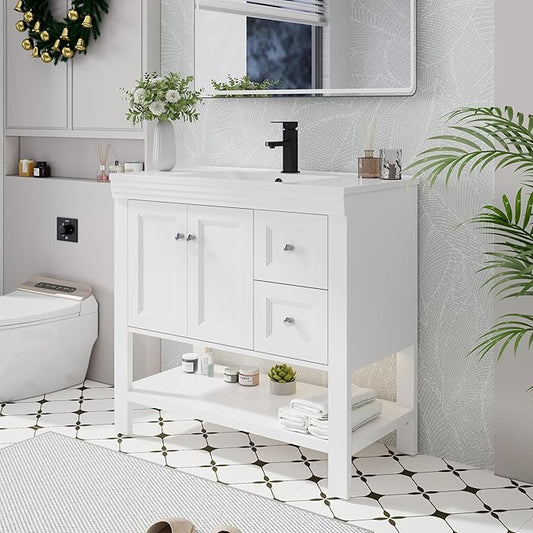 eclife 36" Bathroom Vanity with Sink Combo, Modern Painted Vanities Cabinet w/Wide Opening Storage Shelf, 2 Drawers, Soft Closing Doors and Undermount White Sink Faucet Drain, White