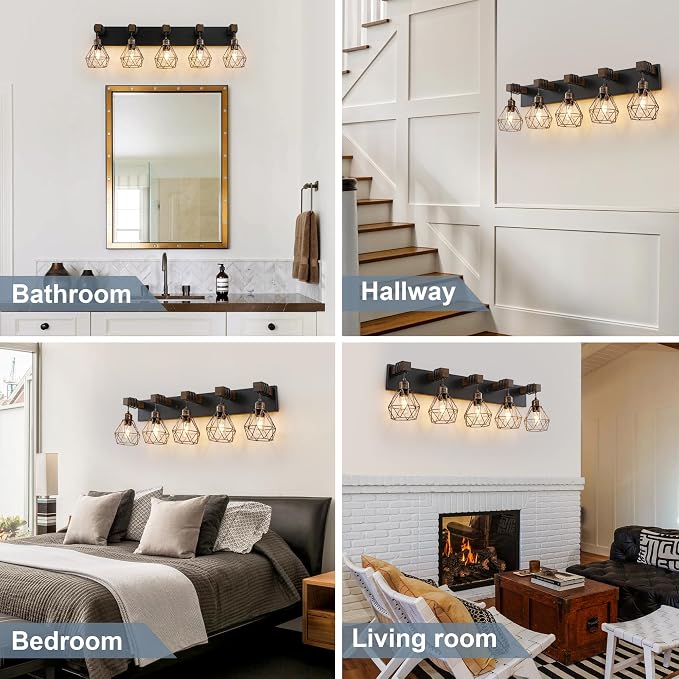 VbiTmn Black Gold Bathroom Light Fixtures, 5-Light Farmhouse Vanity Light | Wood Vanity Lights, Rustic Wall Mount Over Mirror for Bedroom & Hallway, Easy to Install, Sturdy Build for Bathroom Use