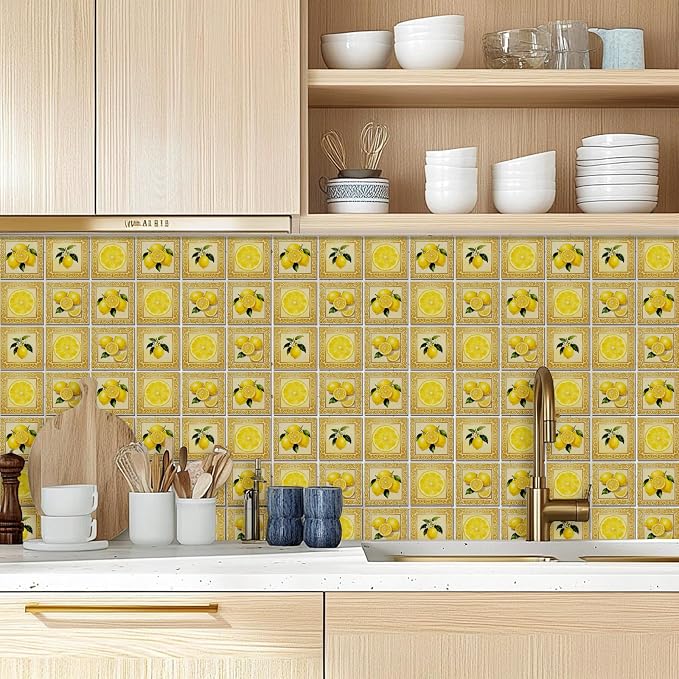 36 Pcs 4 Styles Retro Lemon Patten Tile Sticker Lemon Blossom Patten Wall Tile Stickers Waterproof Self Adhesive Stick on Decals for Kitchen Bathroom Wall Art 4×4 Inch