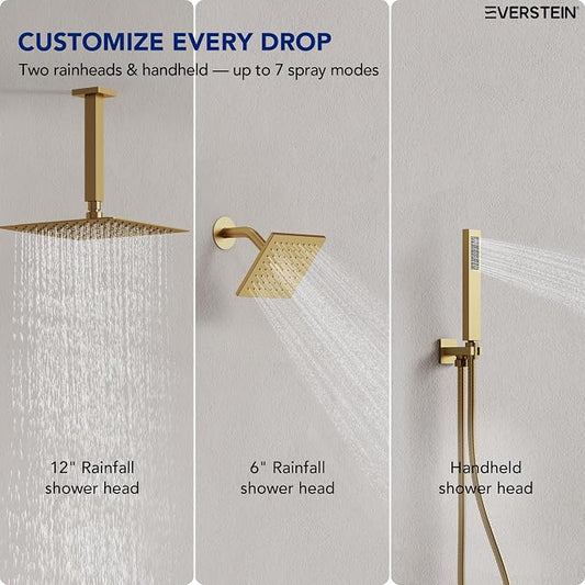 Ceiling Mount 12" High-Pressure Rainfall Shower Faucet, Dual Rainfall Shower Head System with Valve (Brushed Gold)