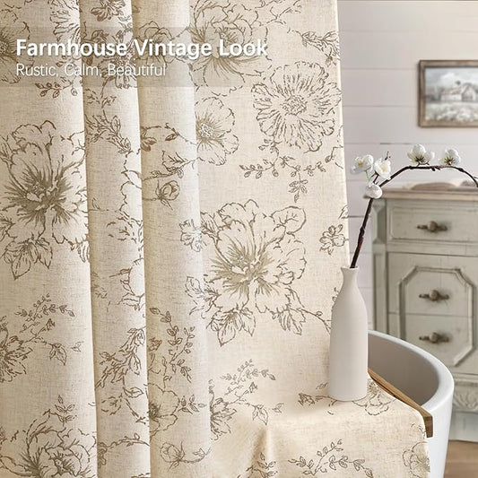 Farmhouse Floral Linen Shower Curtain, Vintage Beige Pattern Rustic Shower Curtains for Bathroom, Tan Taupe,72x72