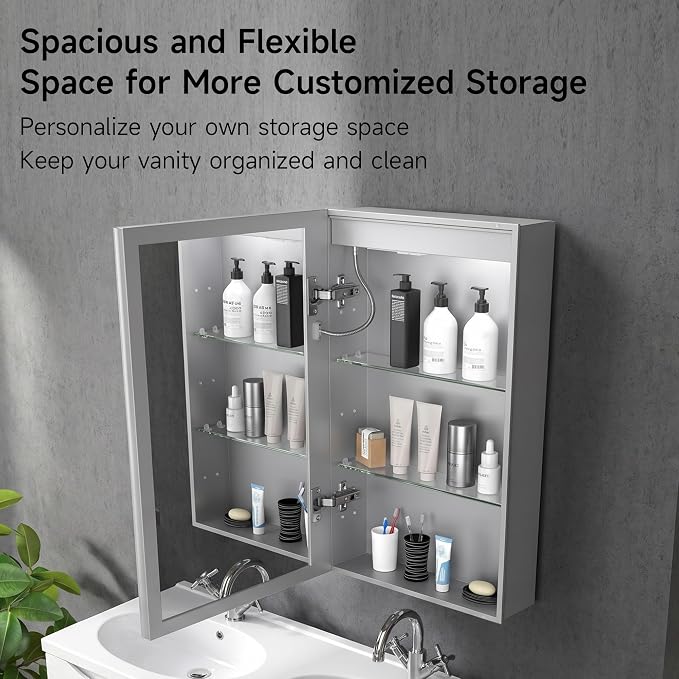 LED Lighted Medicine Cabinet with Mirror, 48x32 Inches, Recessed or Wall Mounted, Anti-Fog, 3 Color Temperature, Adjustable Brightness, Bathroom Storage Cabinet