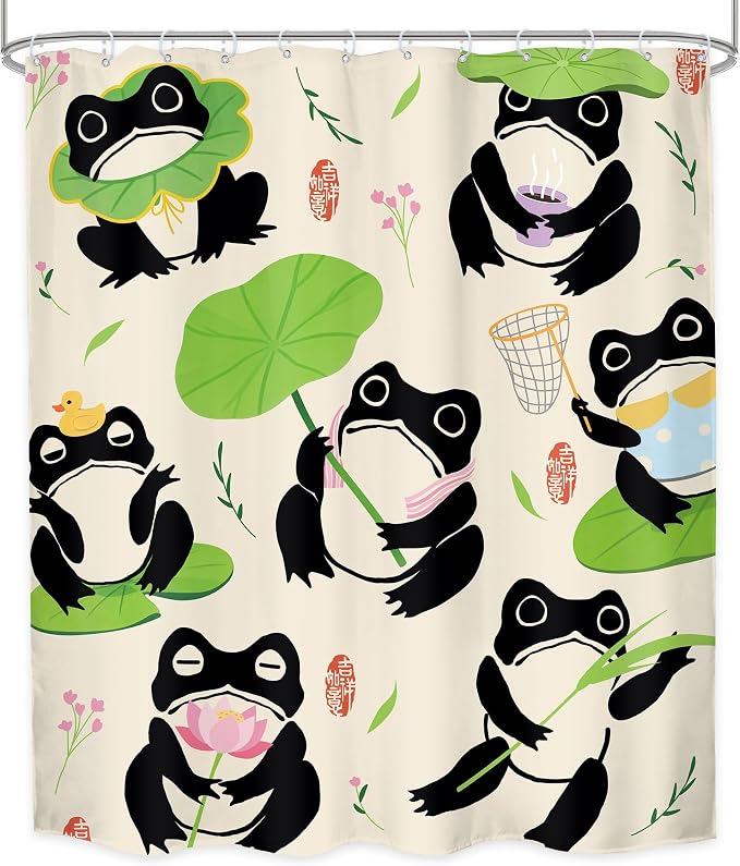 Funny Frog Kids Cartoon Animal Asian Japanese Bathroom Shower Curtain Set | 60Wx71H Traditional Lotus waterproof HD print, quick-dry fabric, and 12 hooks for easy setup
